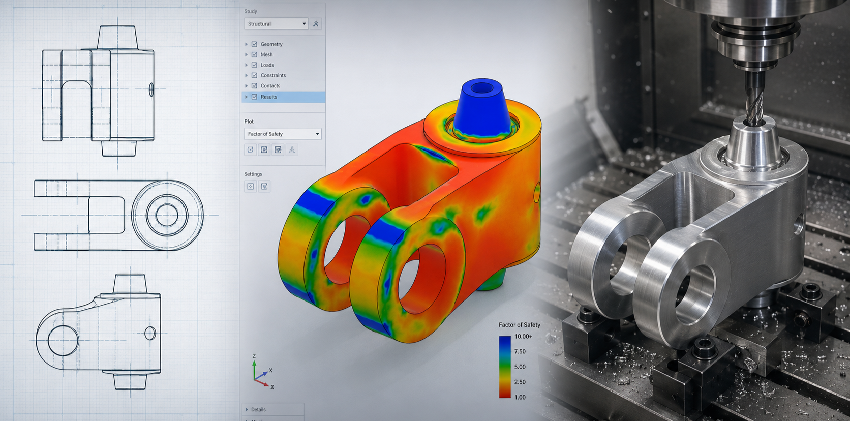 Engineering drawing, CAD simulation, and CNC machining of the same custom part