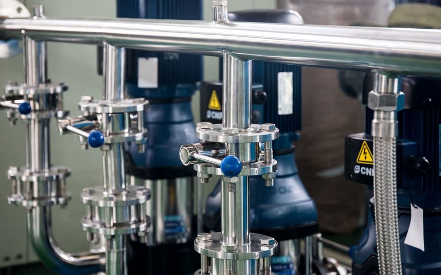 Polished stainless steel piping and valves
